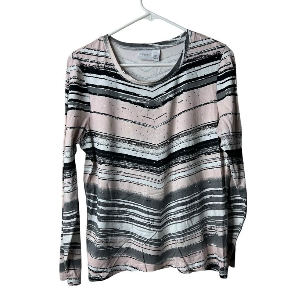 Chicos Weekends White Striped Embellished Long Sleeve Blouse 1